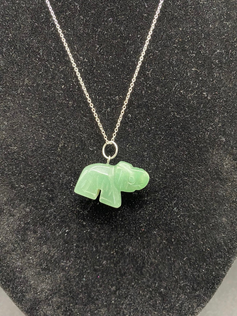 Green Aventurine Carved Elephant Sterling Silver Pendant Necklace