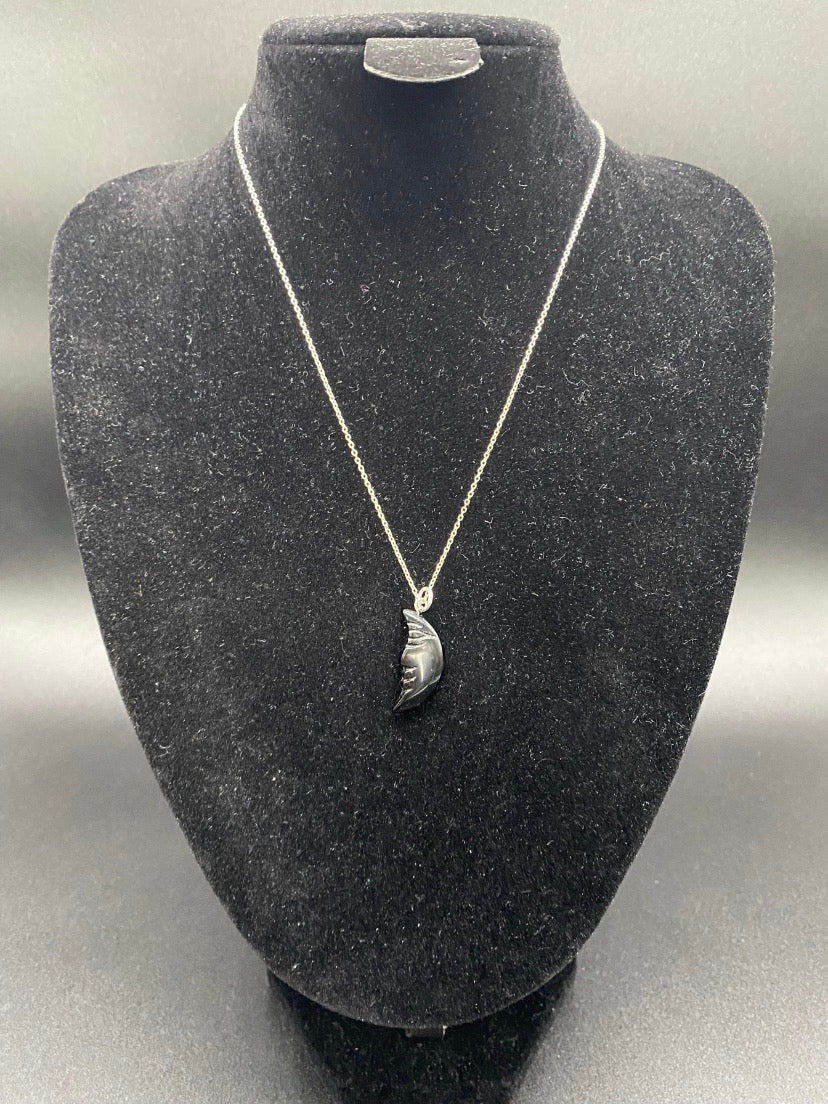 Black Agate Crescent Moon Sterling Silver Necklace