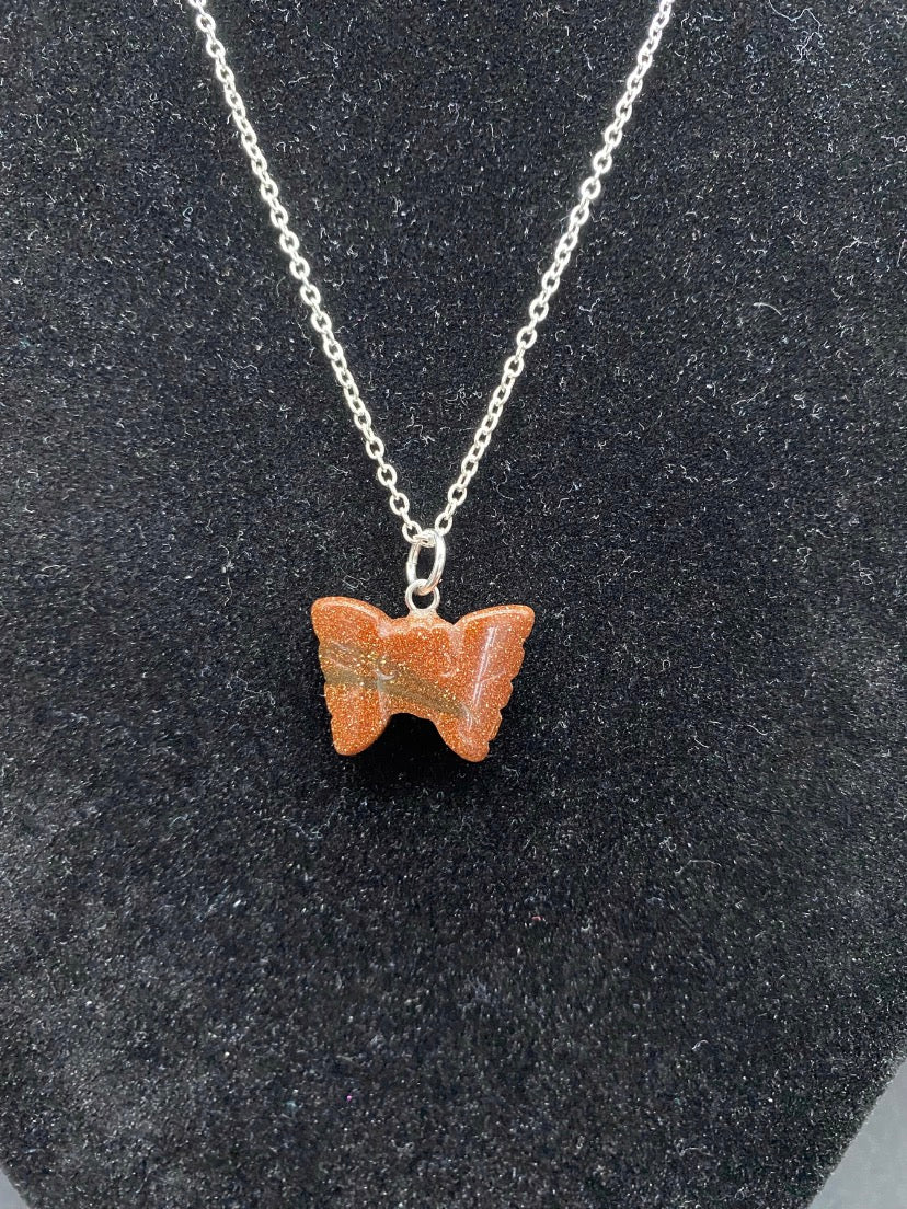 Brown Goldstone Butterfly Sterling Silver Necklace