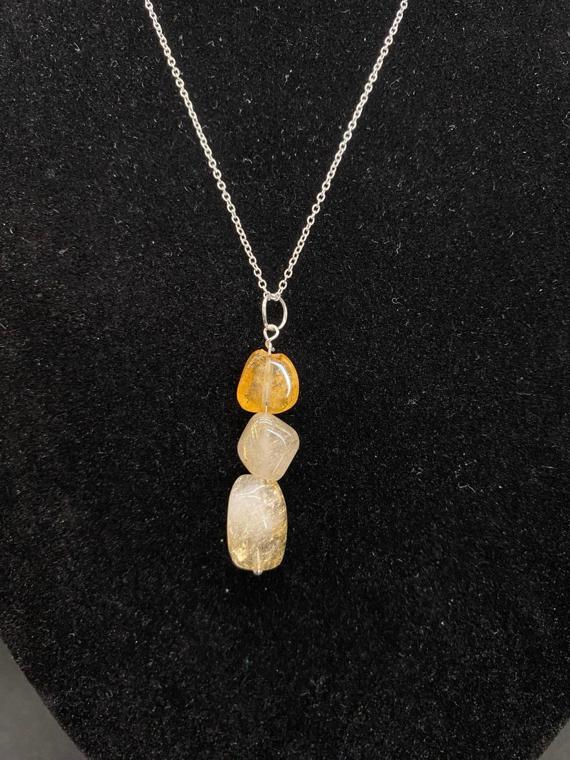 Citrine Tumbled Stone Triple Drop Sterling Silver Necklace