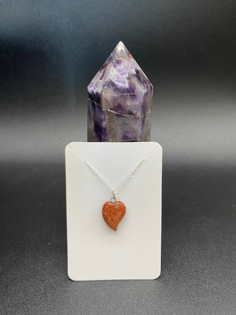 Brown Goldstone Curved Heart Pendant Sterling Silver Necklace