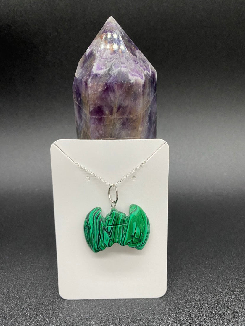 Carved Green Howlite Bat Pendant Sterling Silver Necklace