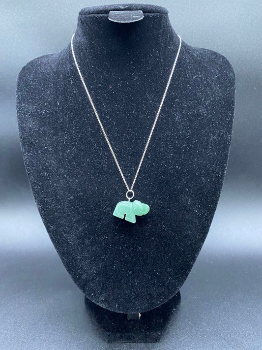 Green Aventurine Carved Elephant Sterling Silver Pendant Necklace