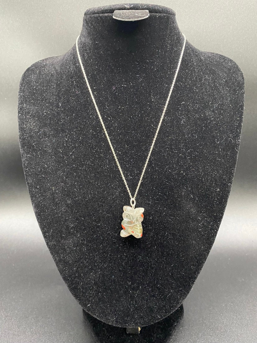 Bloodstone Owl Pendant Sterling Silver Necklace