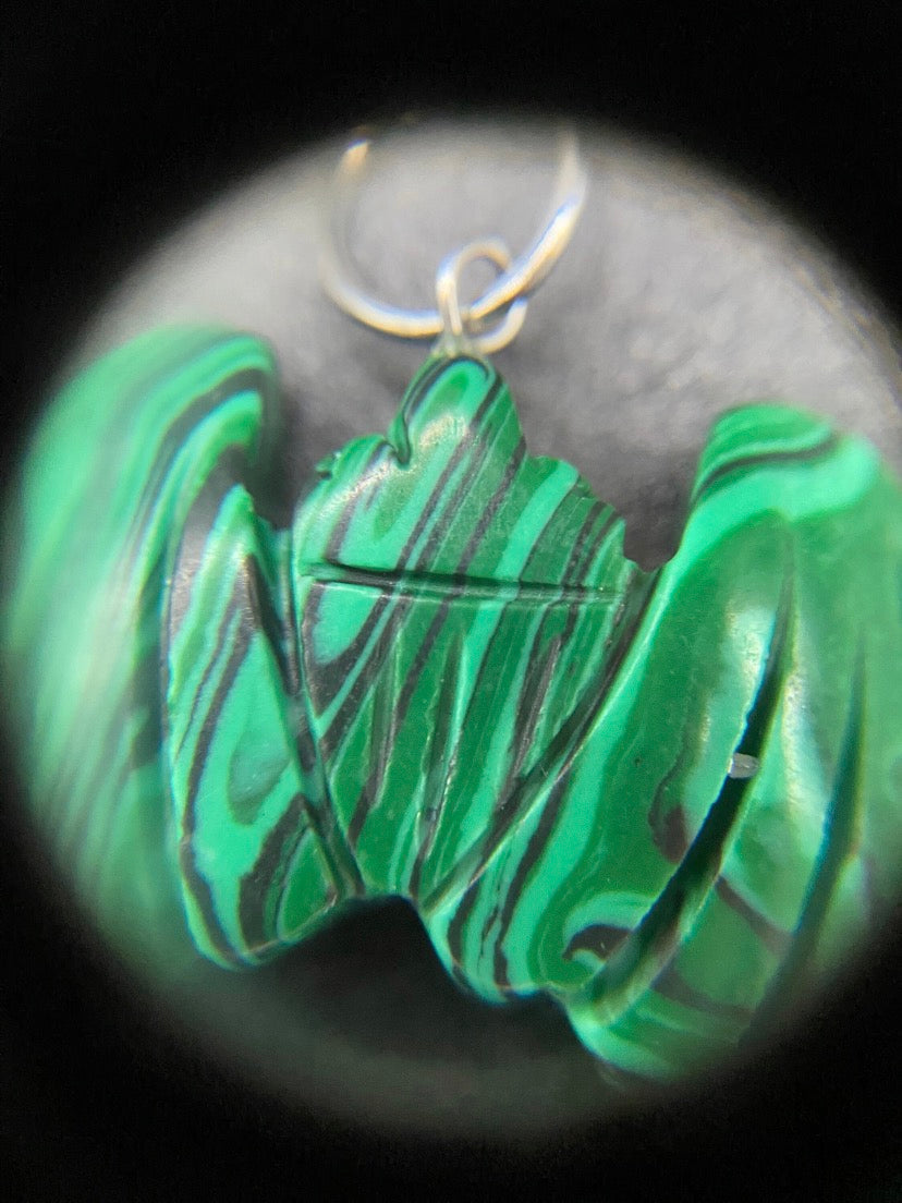 Carved Green Howlite Bat Pendant Sterling Silver Necklace