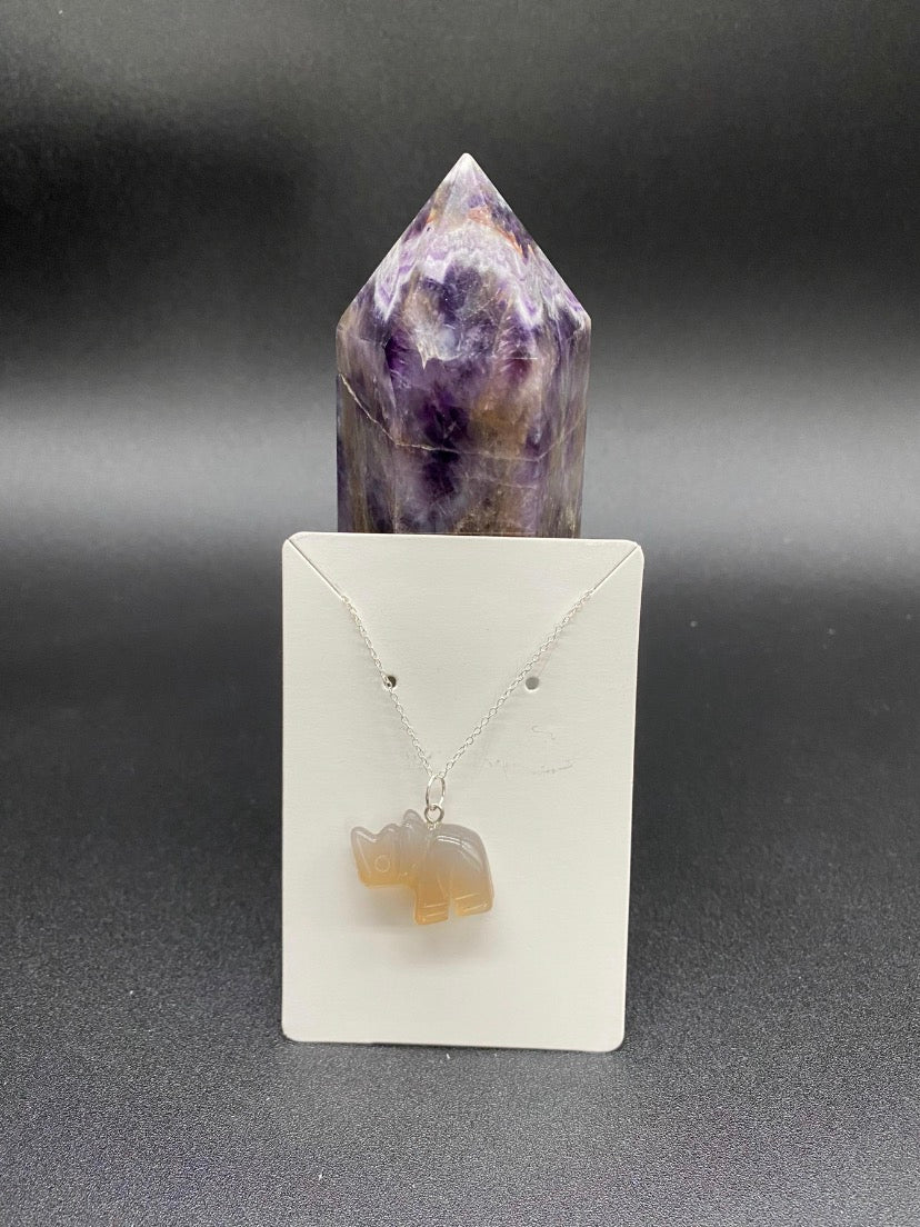 Carved Grey Agate Rhinoceros Pendant Sterling Silver Necklace