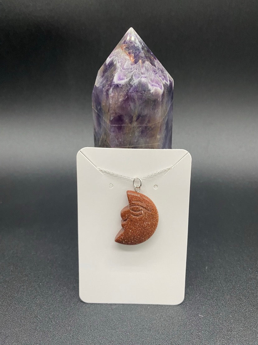 Carved Brown Goldstone Crescent Moon Sterling Silver Necklace