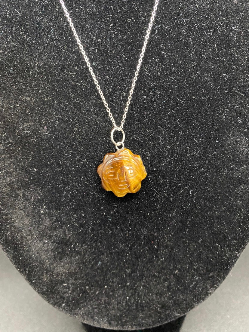 Tiger's Eye Hand-Carved Sun Pendant Sterling Silver Necklace