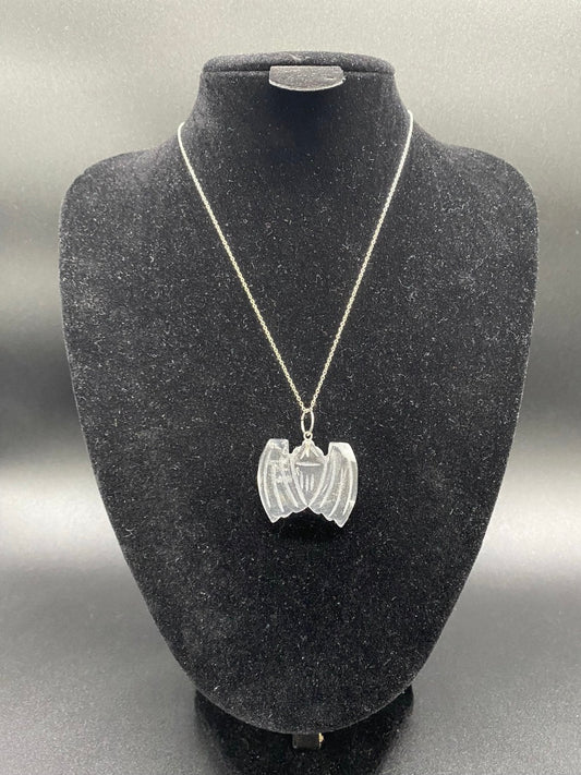 Carved Clear Quartz Bat Pendant Sterling Silver Necklace