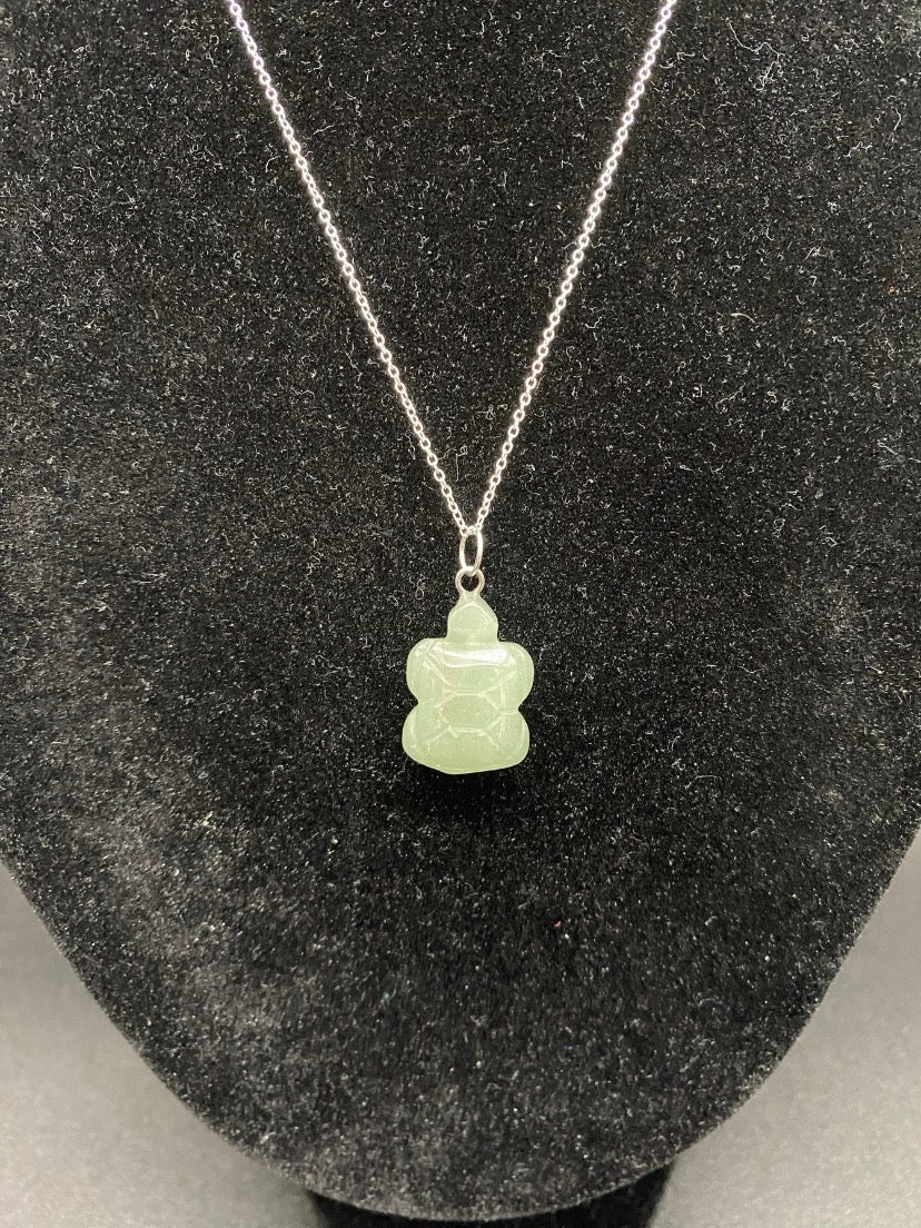 Green Aventurine Carved Turtle Sterling Silver Pendant Necklace