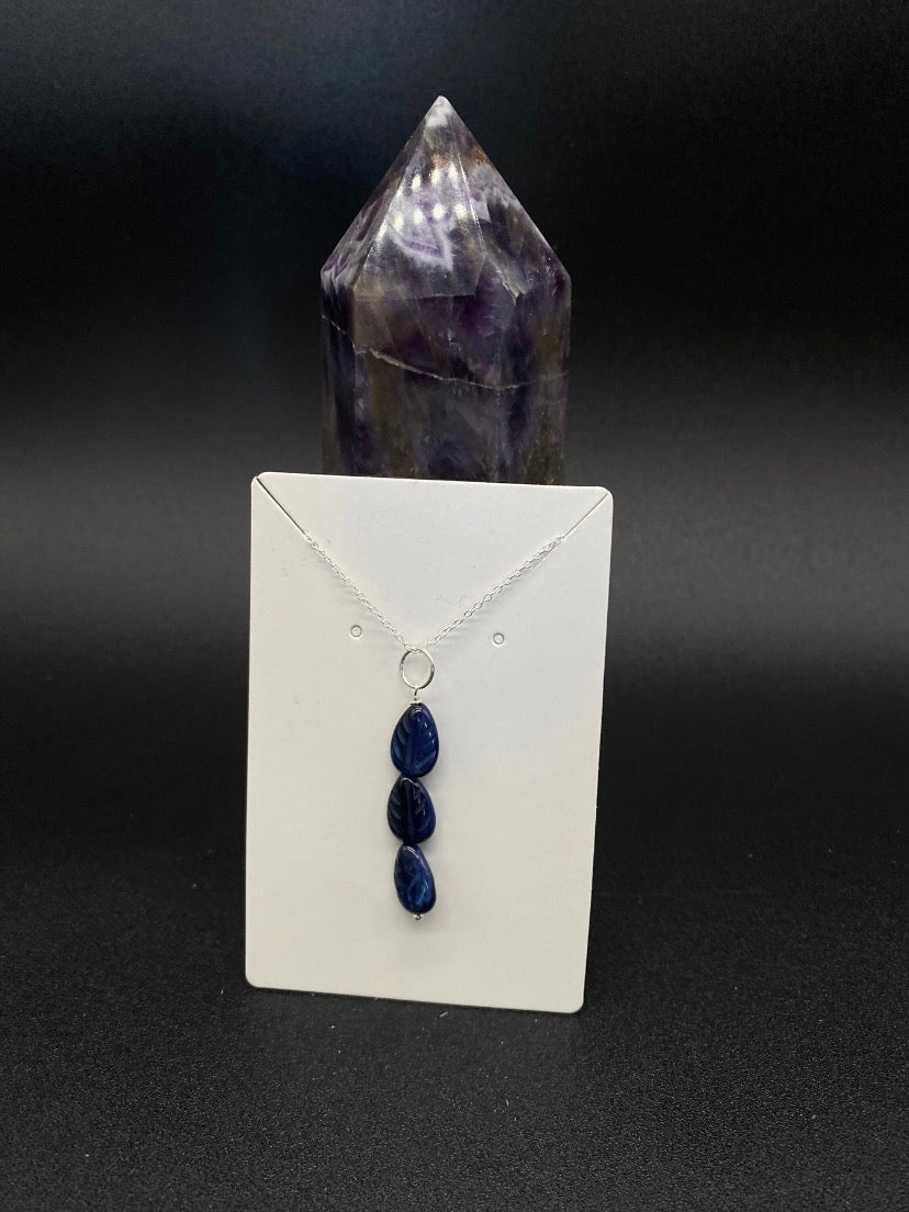 Carved Blue Tiger’s Eye Leaf Drop Sterling Silver Necklace