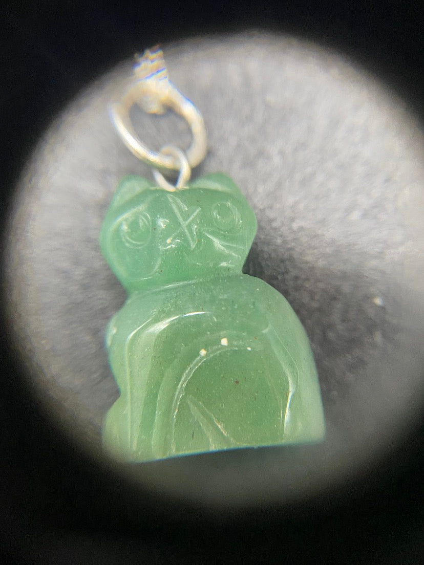 Green Aventurine Carved Cat Sterling Silver Pendant Necklace
