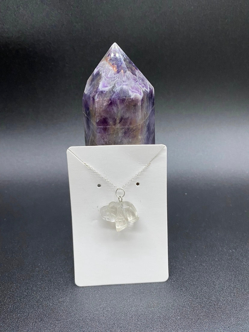 Carved Clear Quartz Elephant Sterling Silver Necklace