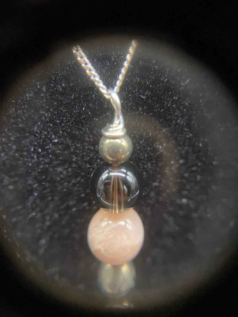 Smoky Quartz, Sunstone & Pyrite Pendant Sterling Silver Necklace