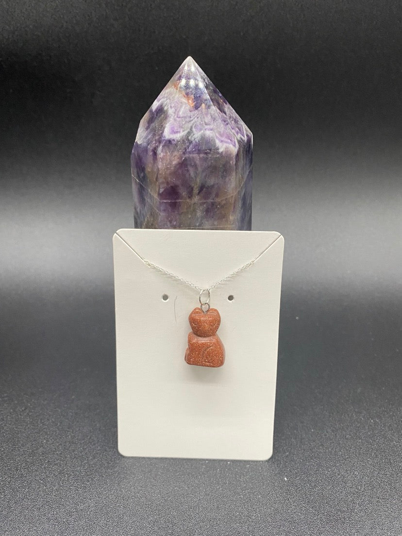 Brown Goldstone Carved Cat Pendant Sterling Silver Necklace