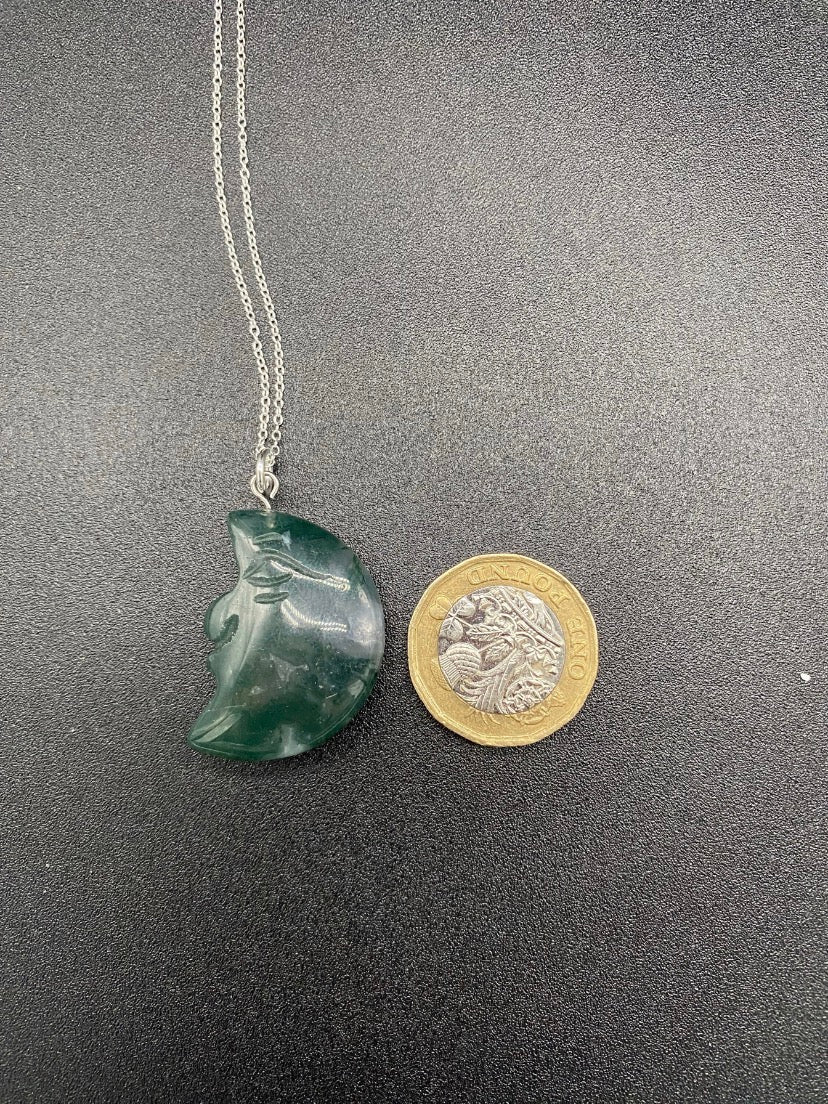 Genuine Green Jasper Carved Moon Face Sterling Silver Necklace Celestial Pendant