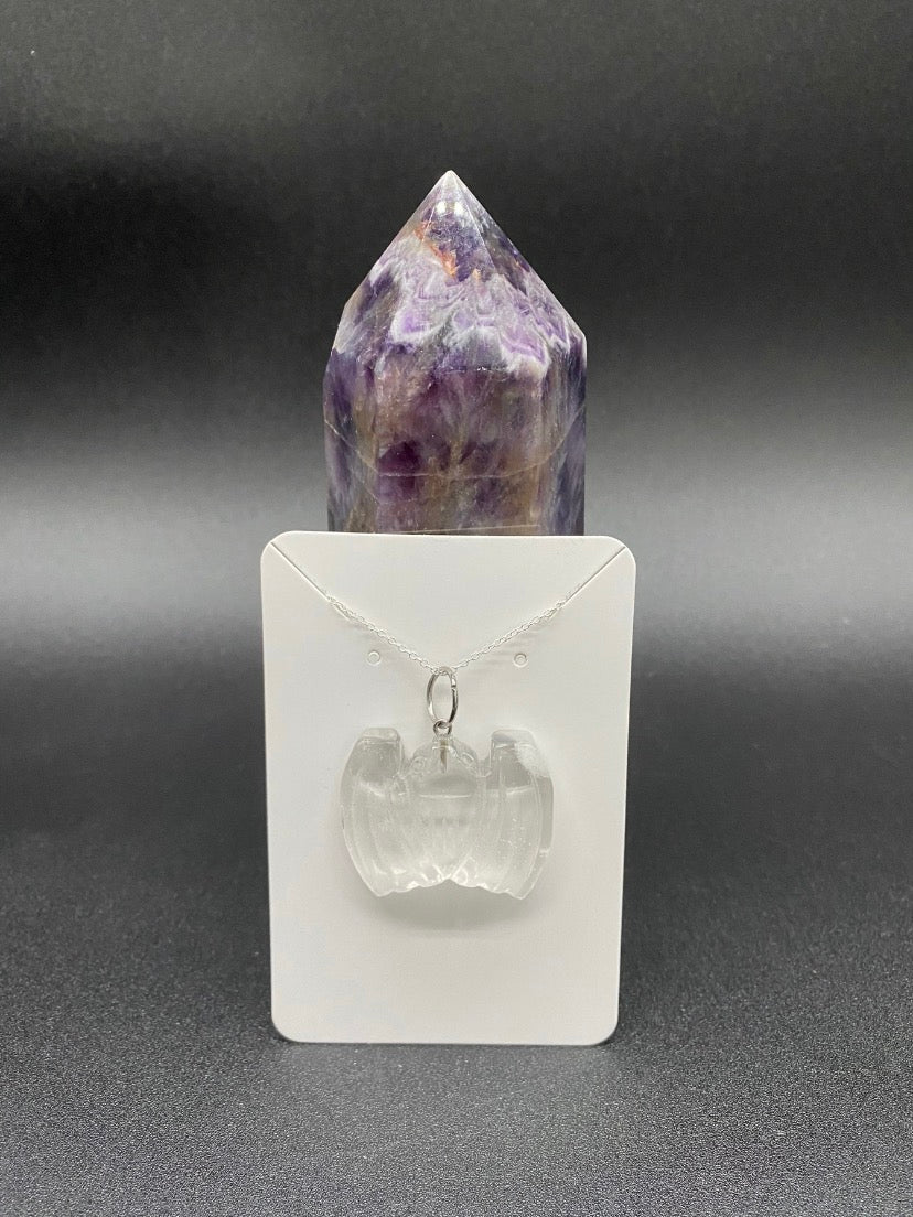 Carved Clear Quartz Bat Pendant Sterling Silver Necklace