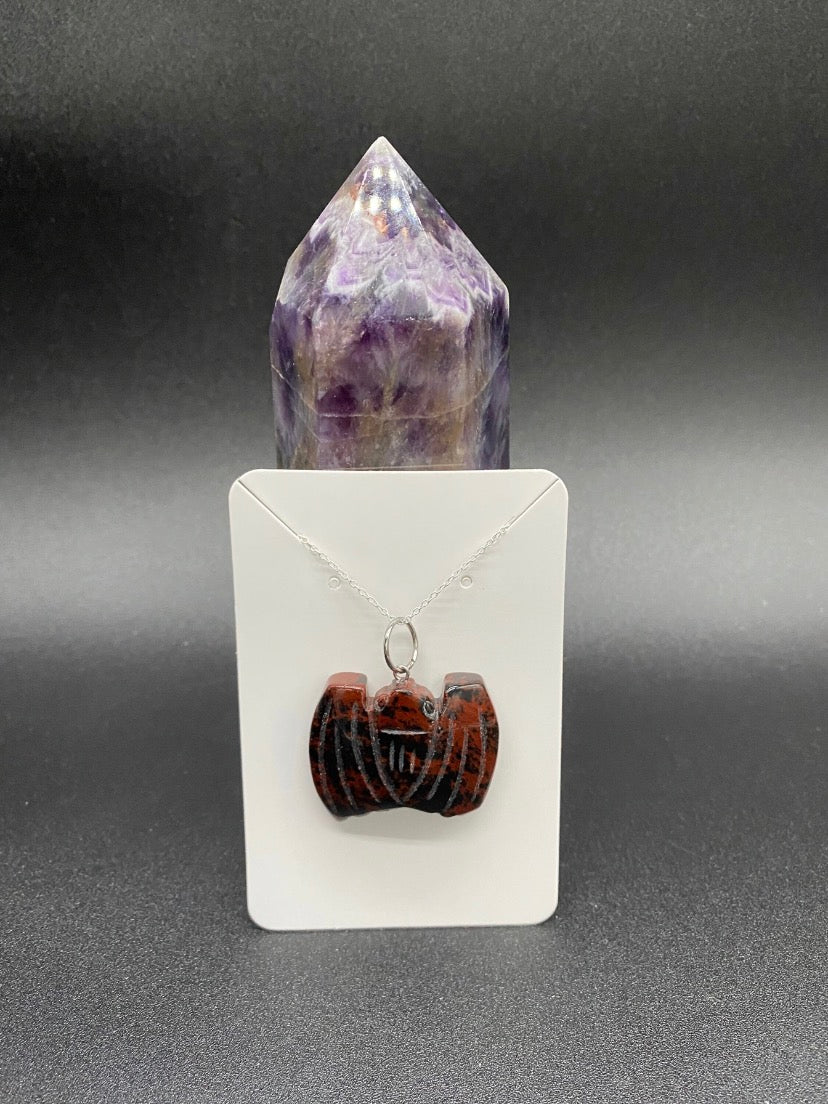 Carved Mahogany Obsidian Bat Pendant Sterling Silver Necklace