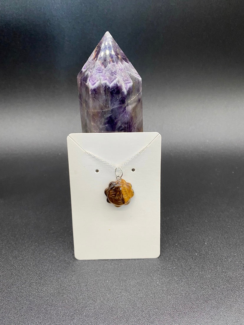 Tiger's Eye Hand-Carved Sun Pendant Sterling Silver Necklace