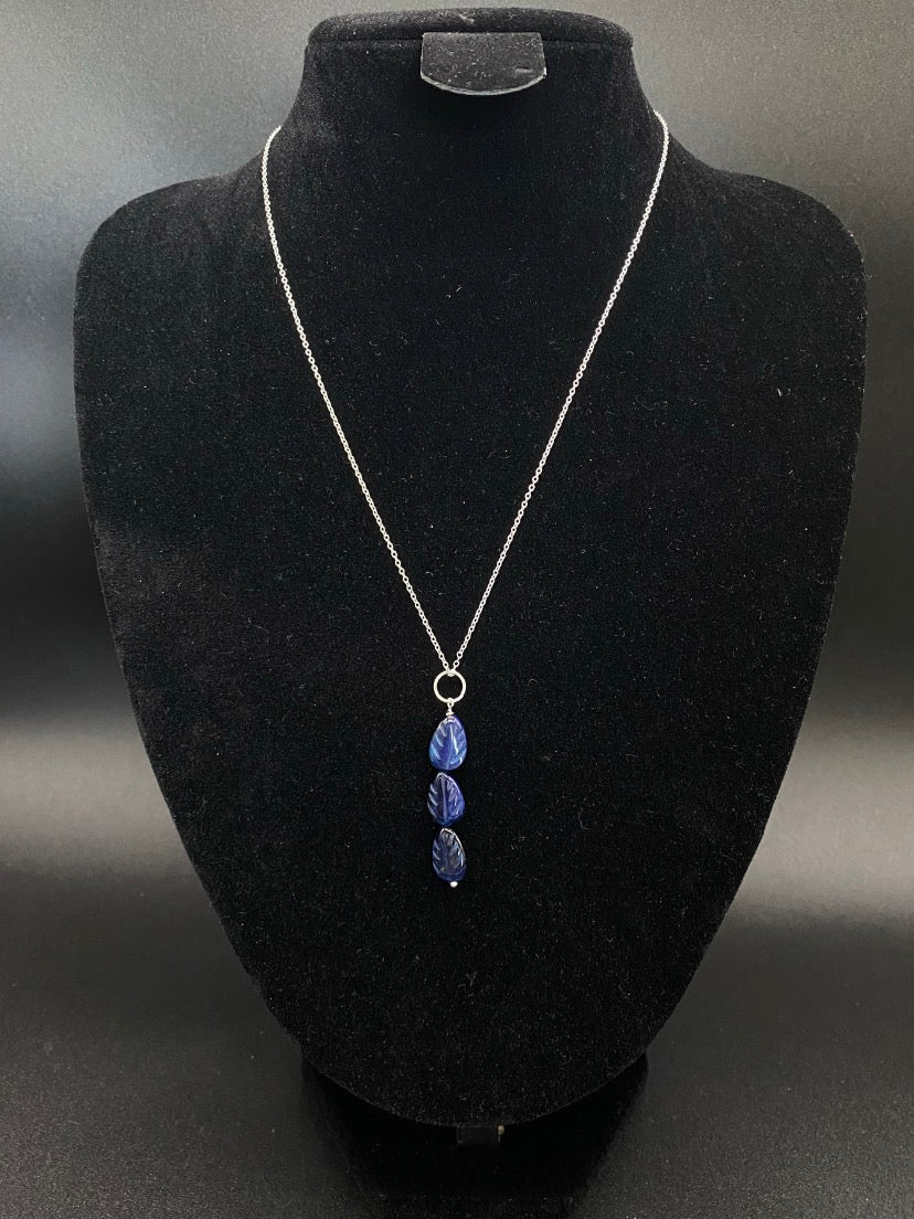 Carved Blue Tiger’s Eye Leaf Drop Sterling Silver Necklace