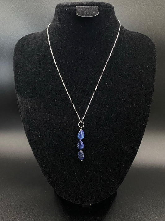 Carved Blue Tiger’s Eye Leaf Drop Sterling Silver Necklace