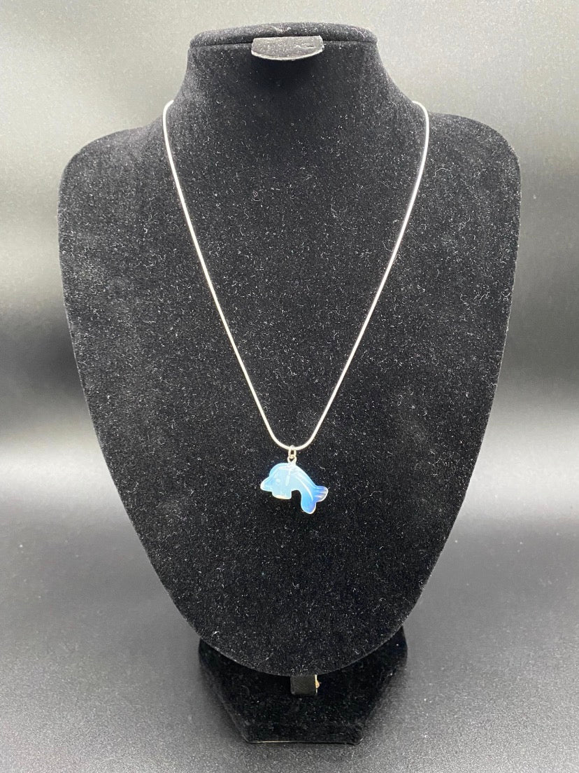 Opalite Dolphin Pendant Sterling Silver Necklace | Crystal Jewellery