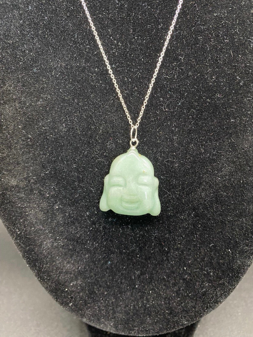 Green Aventurine Carved Buddha Sterling Silver Pendant Necklace