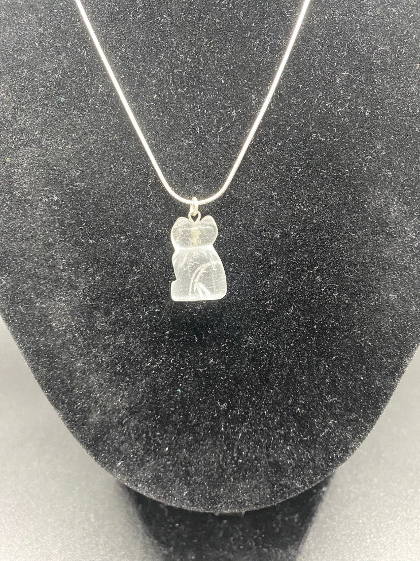 Carved Clear Quartz Cat Pendant Sterling Silver Necklace