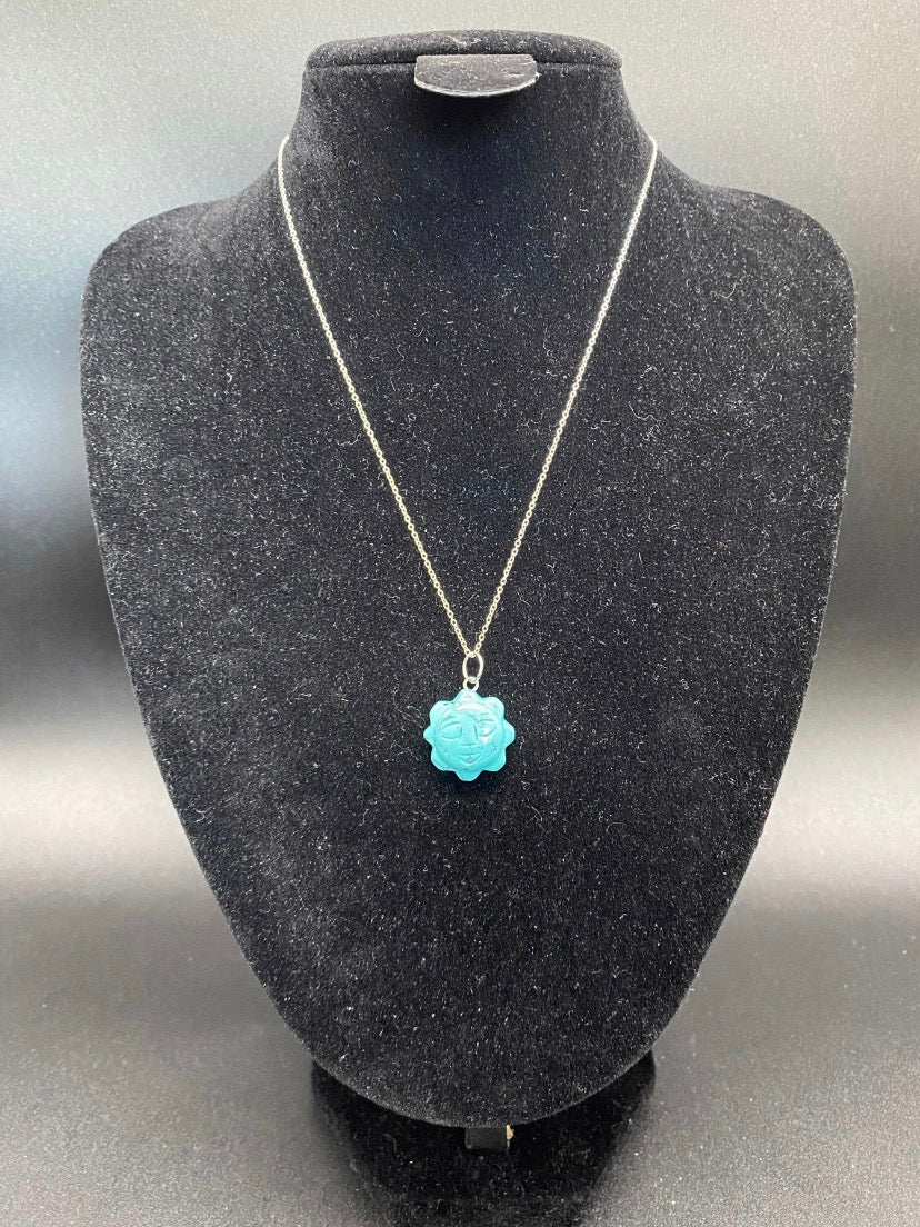 Turquoise Howlite Hand-Carved Sun Pendant Sterling Silver Necklace