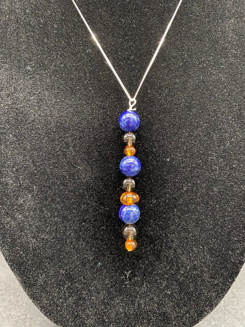 Lapis Lazuli, Baltic Amber & Smoky Quartz Sterling Silver Necklace