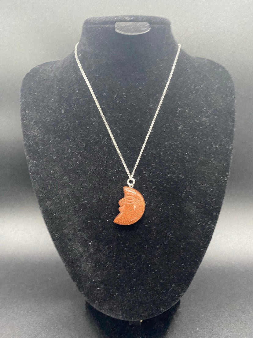 Carved Brown Goldstone Crescent Moon Sterling Silver Necklace