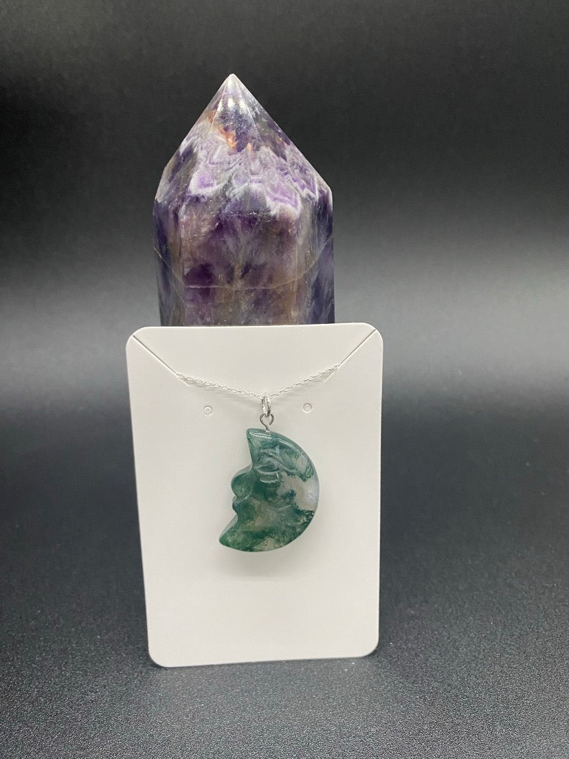 Genuine Green Jasper Carved Moon Face Sterling Silver Necklace Celestial Pendant