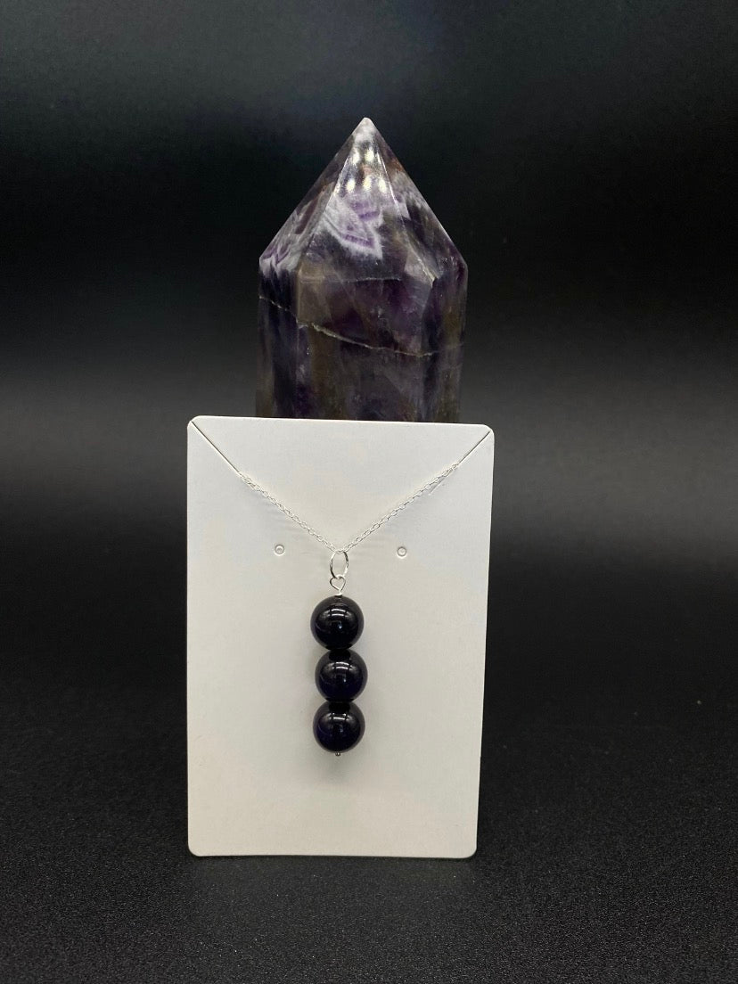 Purple Tiger's Eye Triple Bead Drop Sterling Silver Necklace