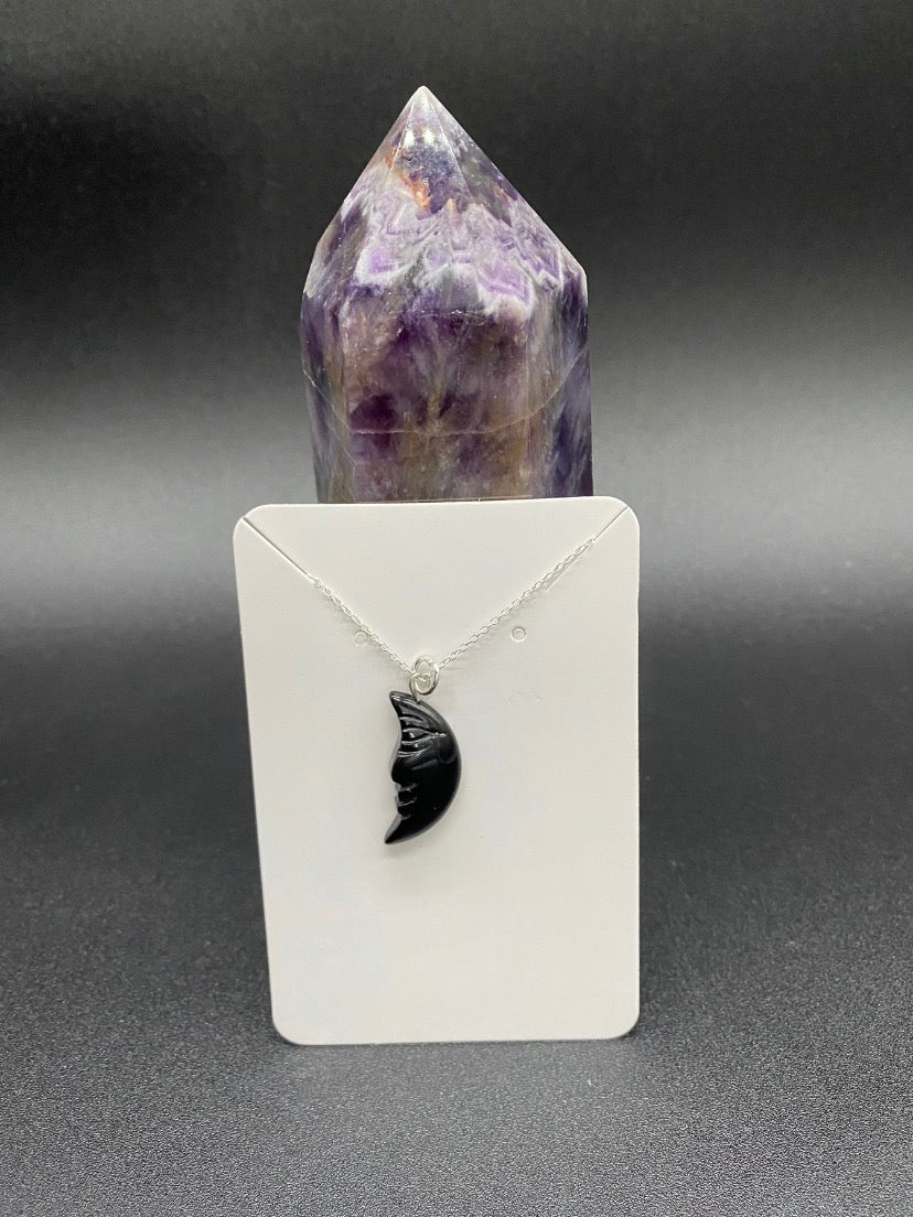 Black Agate Crescent Moon Sterling Silver Necklace