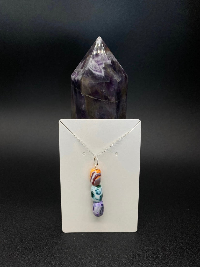 Multi-Colour Agate Bead Drop Pendant Sterling Silver Necklace