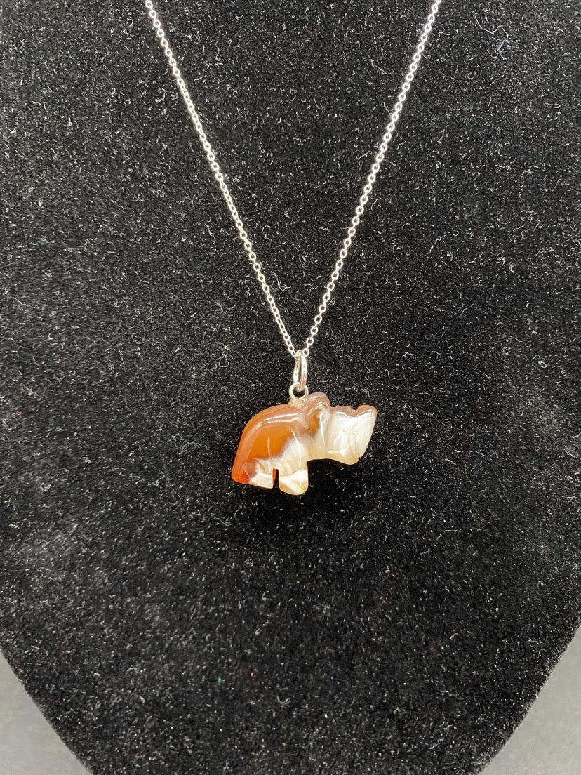 Carnelian Agate Hand-Carved Rhino Pendant Sterling Silver Necklace