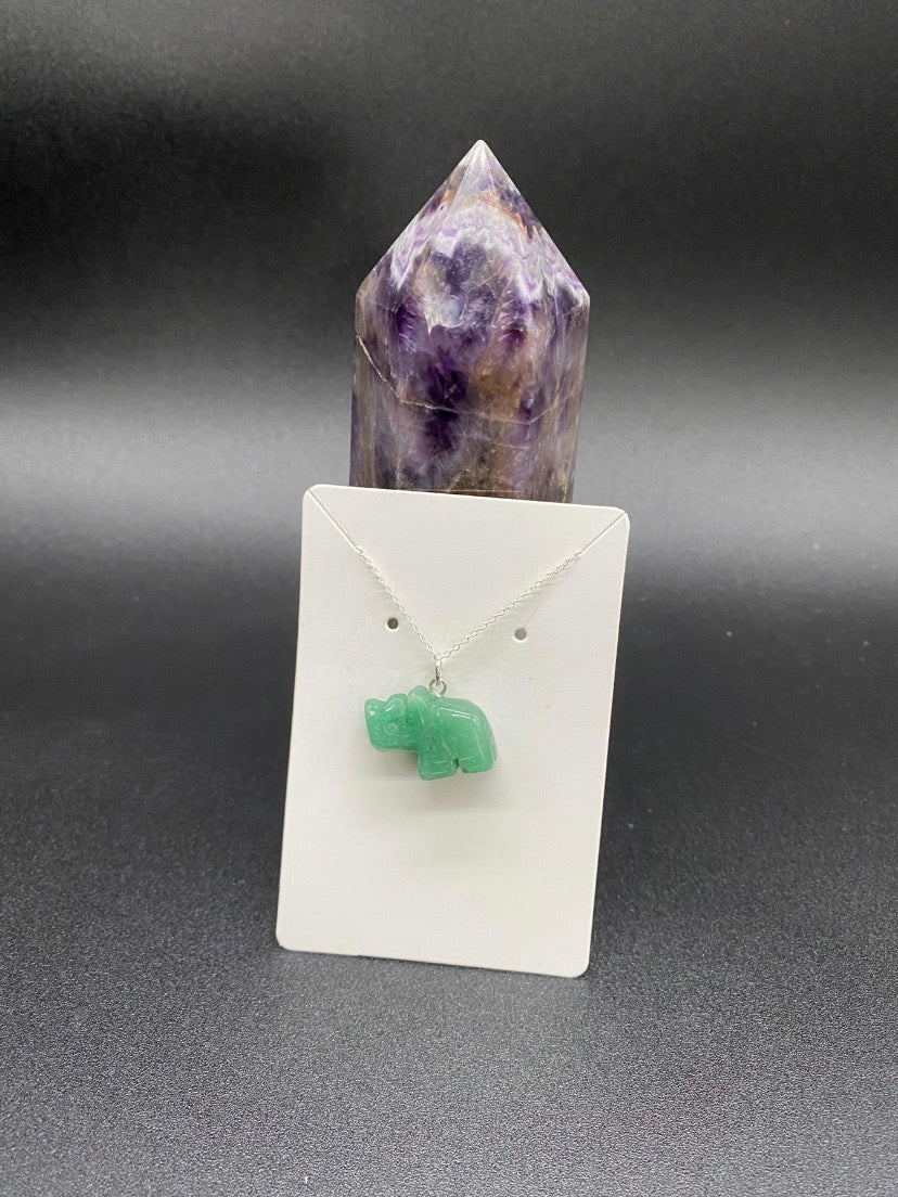 Green Aventurine Carved Rhino Sterling Silver Pendant Necklace