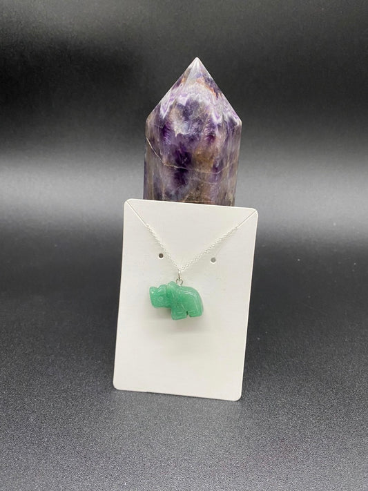 Green Aventurine Carved Rhino Sterling Silver Pendant Necklace