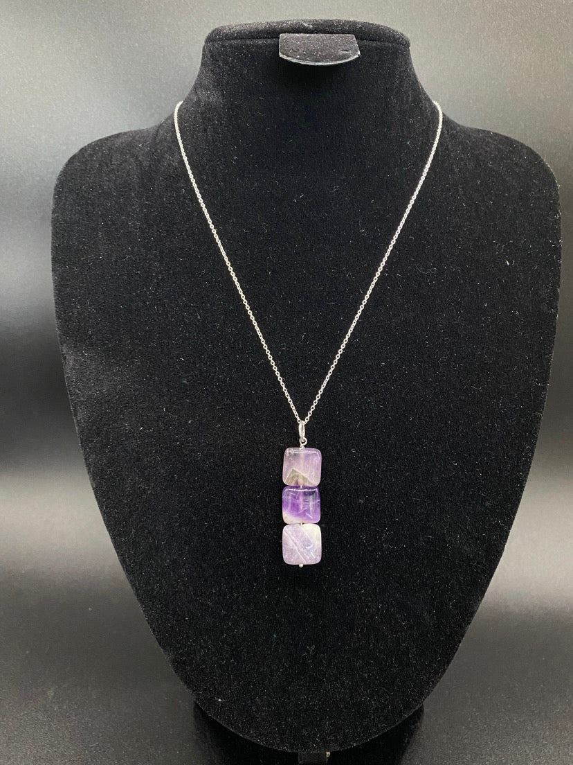 Chevron Amethyst Square Drop Sterling Silver Necklace