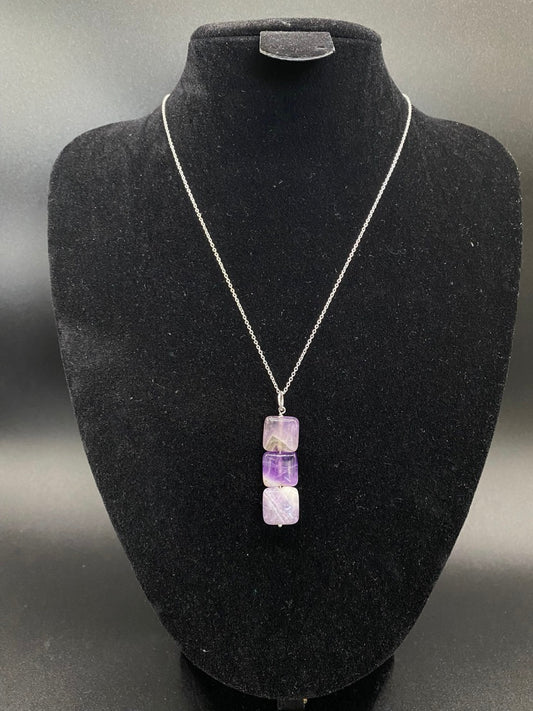 Chevron Amethyst Square Drop Sterling Silver Necklace
