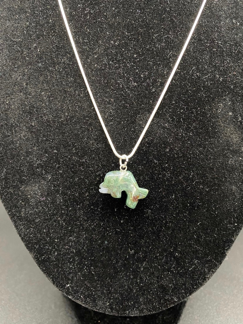 Green Jasper Dolphin Sterling Silver Necklace | Ocean Inspired Necklace