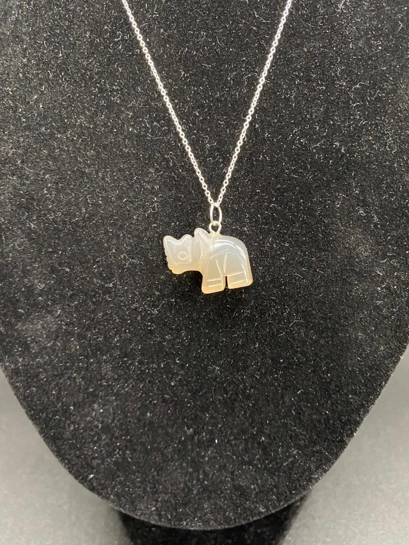 Carved Grey Agate Rhinoceros Pendant Sterling Silver Necklace
