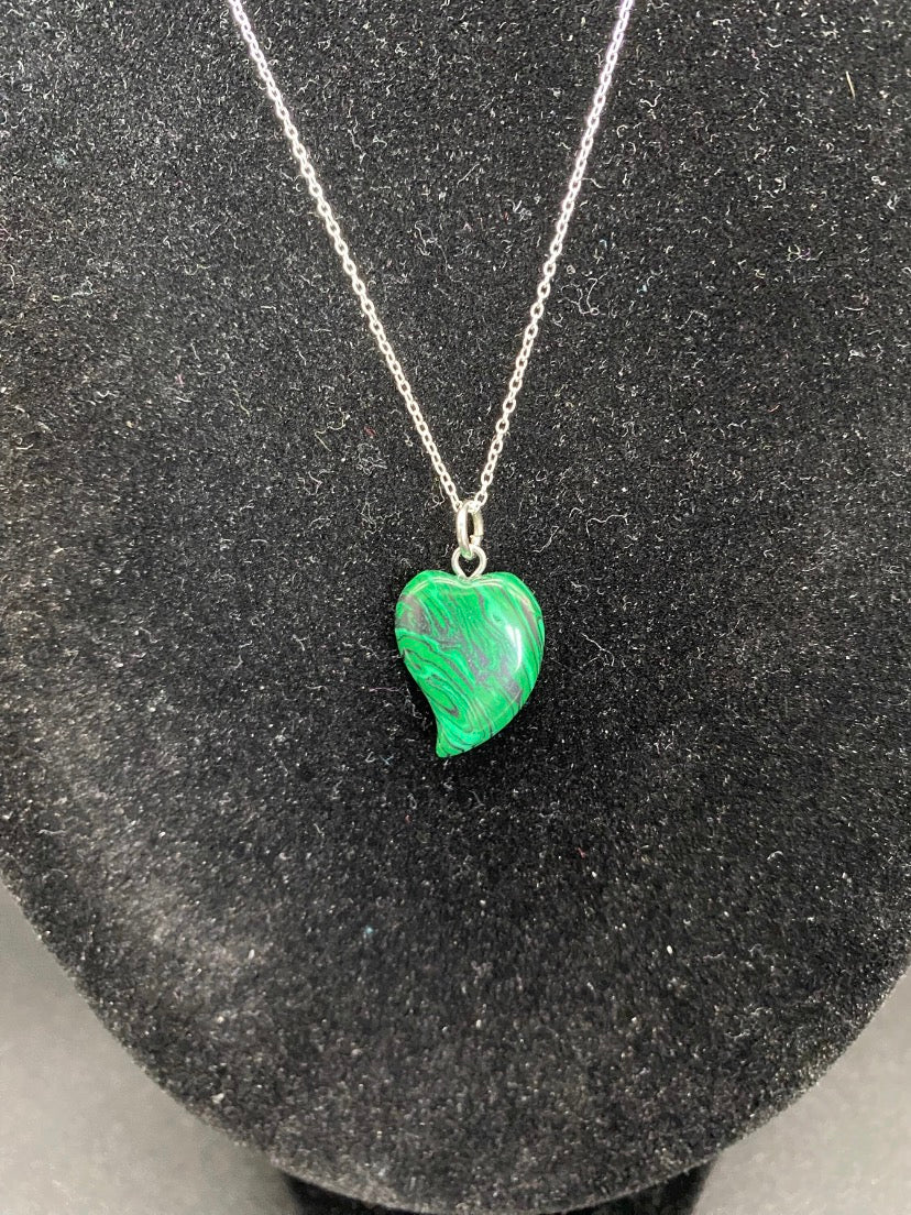 Carved Green Howlite Curved Heart Pendant Sterling Silver Necklace