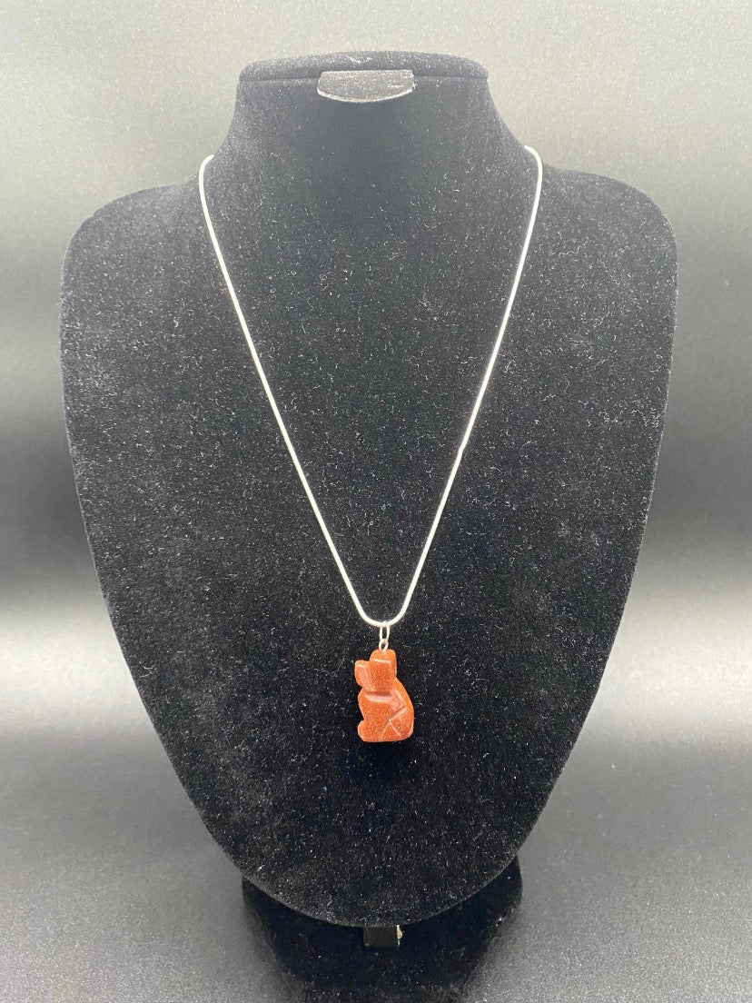 Carved Brown Goldstone Dog Pendant Sterling Silver Necklace
