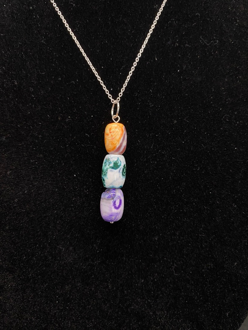 Multi-Colour Agate Bead Drop Pendant Sterling Silver Necklace