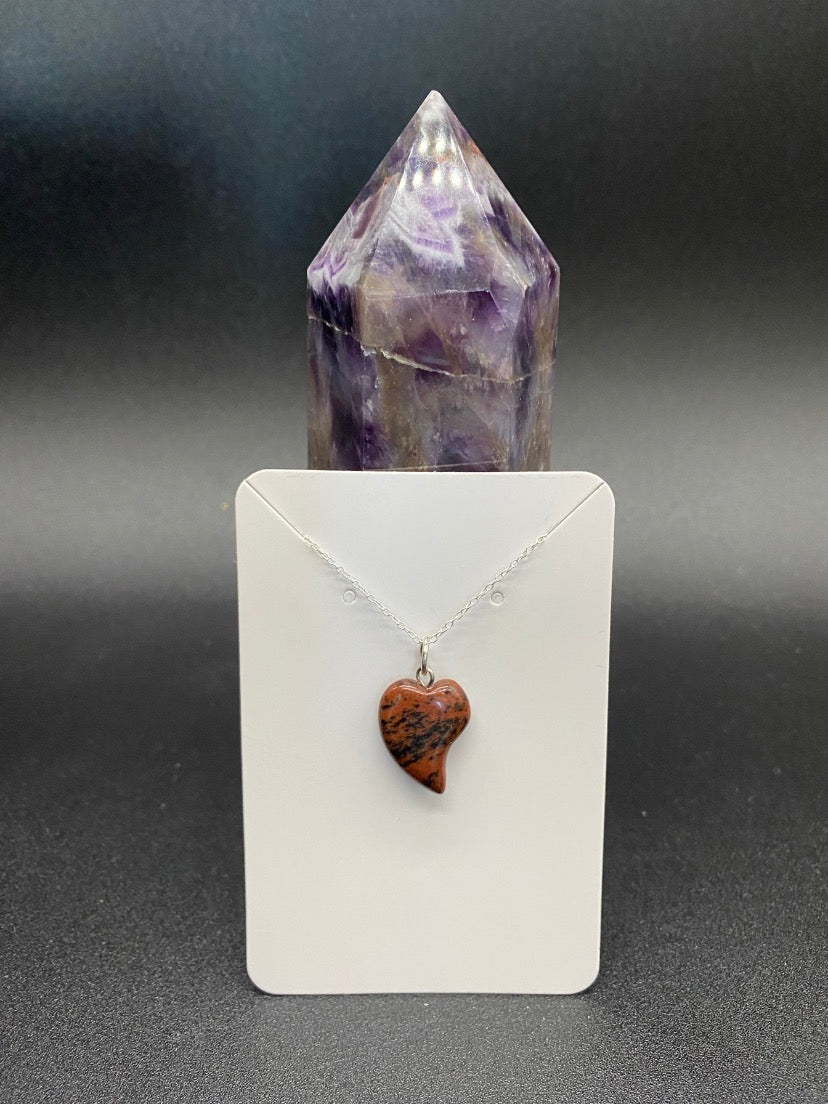 Carved Mahogany Obsidian Heart Pendant Sterling Silver Necklace