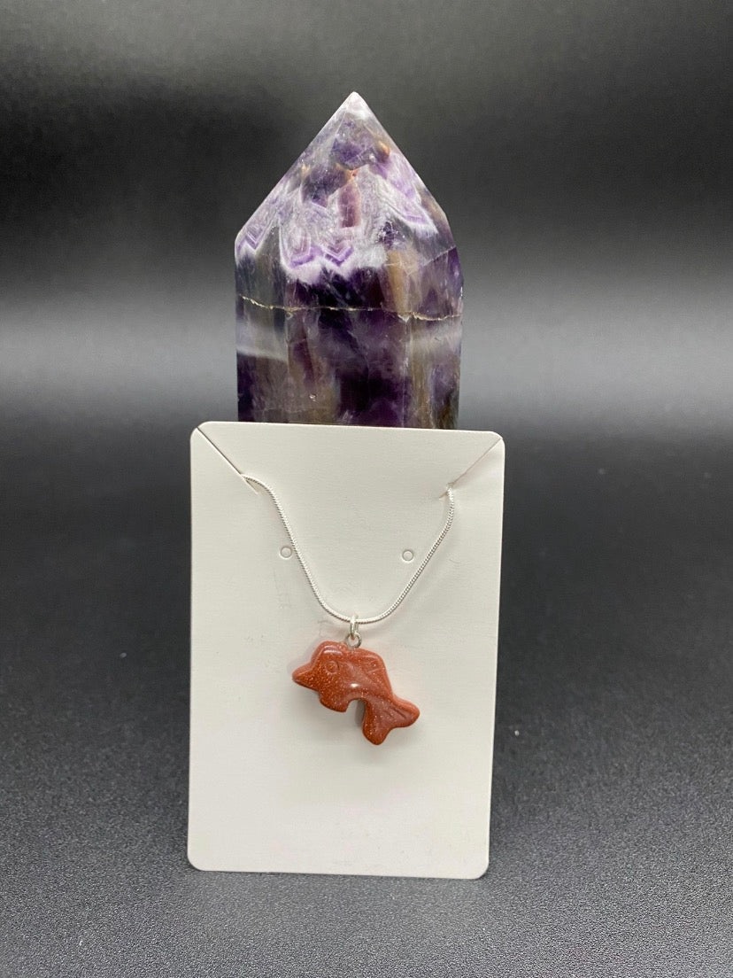 Carved Brown Goldstone Dolphin Pendant Sterling Silver Necklace
