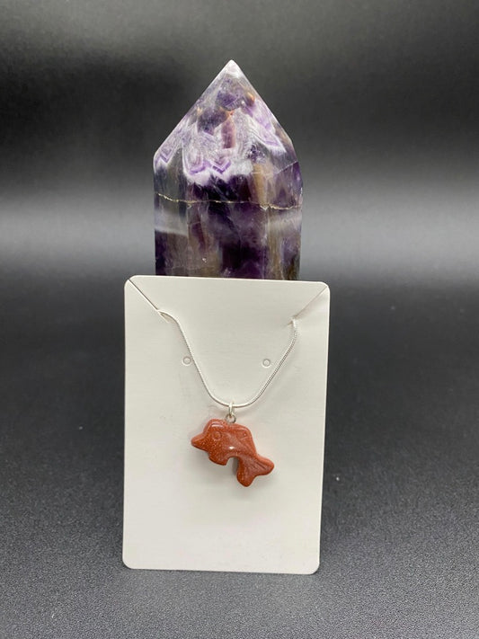 Carved Brown Goldstone Dolphin Pendant Sterling Silver Necklace
