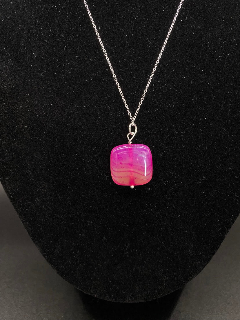 Fuchsia Pink Banded Agate Square Cushion Pendant Sterling Silver Necklace
