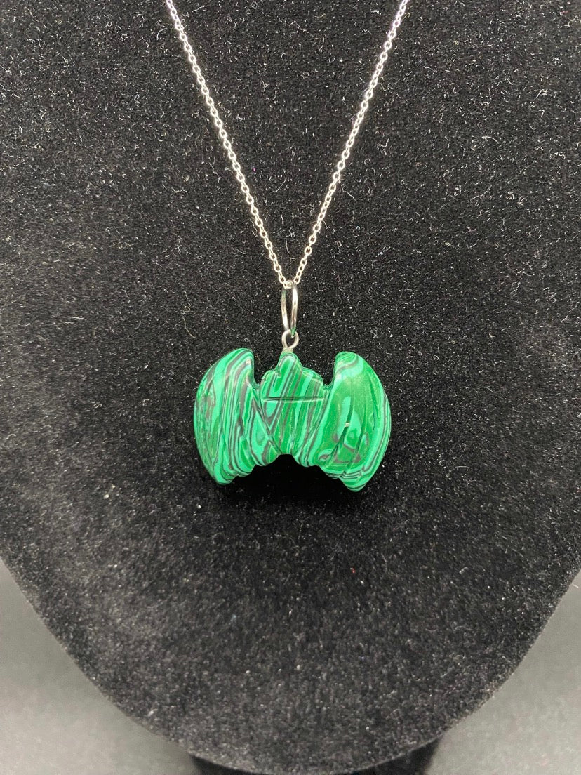 Carved Green Howlite Bat Pendant Sterling Silver Necklace